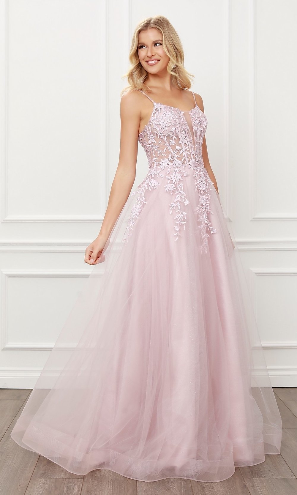 Narianna-Blush Pink Embroidered Sheer-Corset Prom Ball Gown